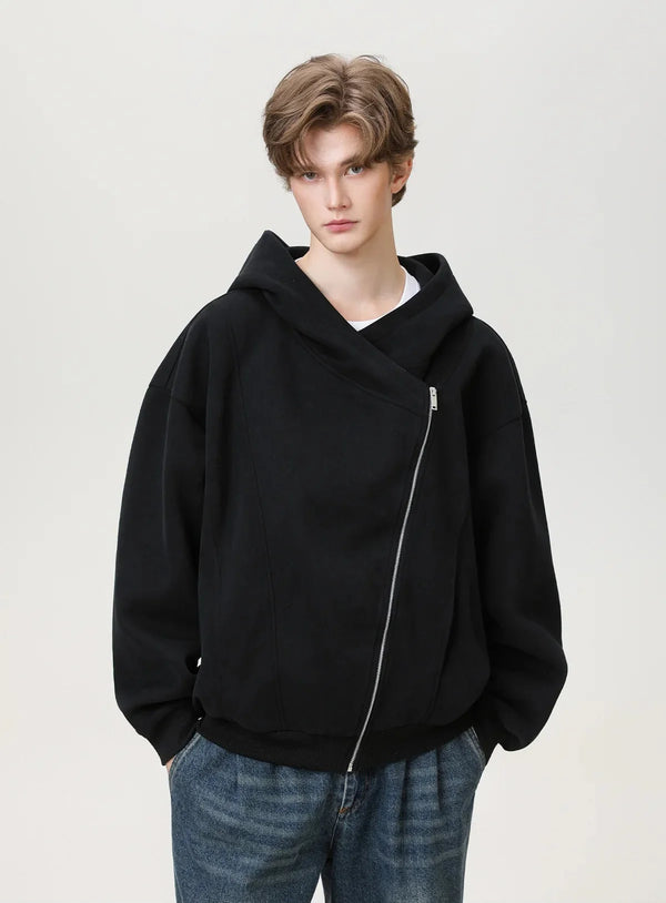 Diagonal Zip Textured Hoodie