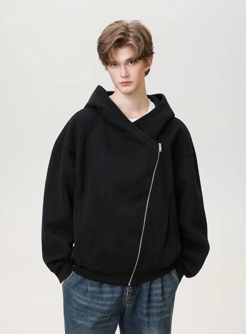 Diagonal Zip Textured Hoodie