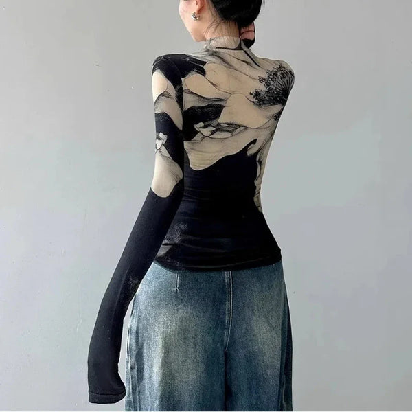 Chic Mosaic High Neck Slim T-Shirt alternatif görünüm