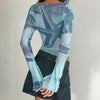 Women Blue Flare Sleeve Cropped T-Shirt
