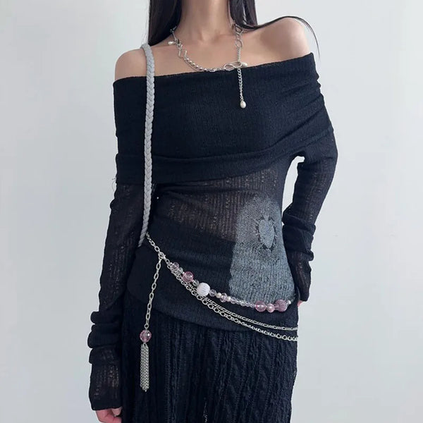 Off-Shoulder Visual Print Top alternatif görünüm