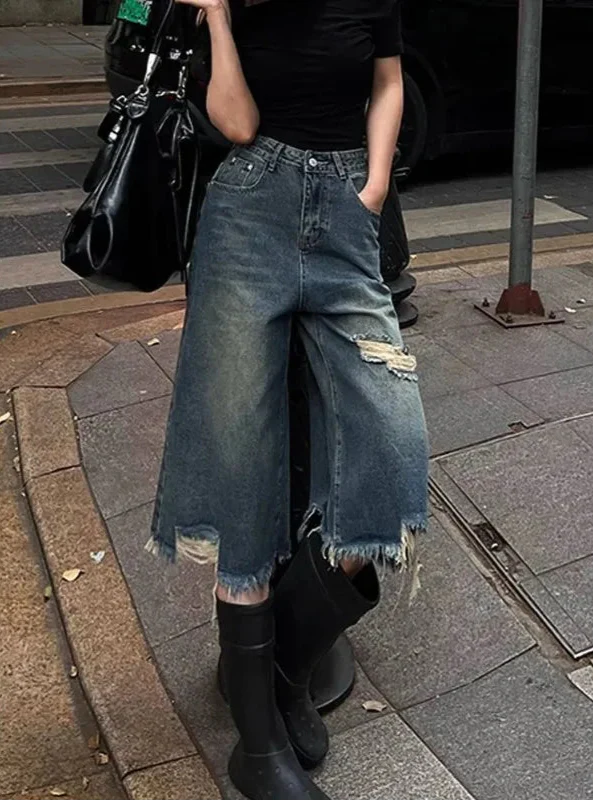 Women Timeless distressed high-waist vintage Denim Shorts alternatif görünüm
