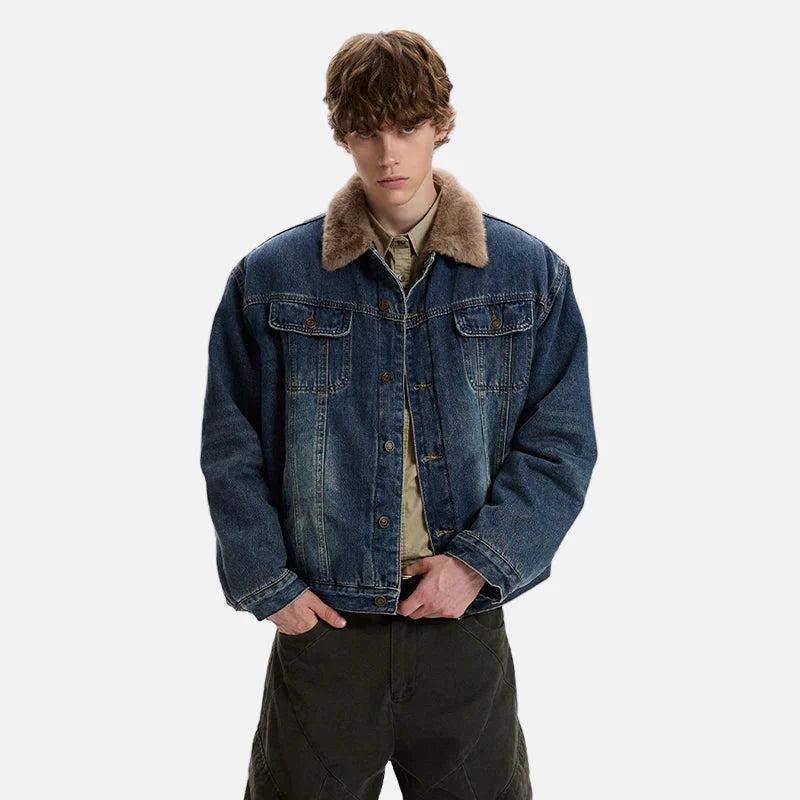 Heavy-Duty Brushed Fur Collar Denim Jacket