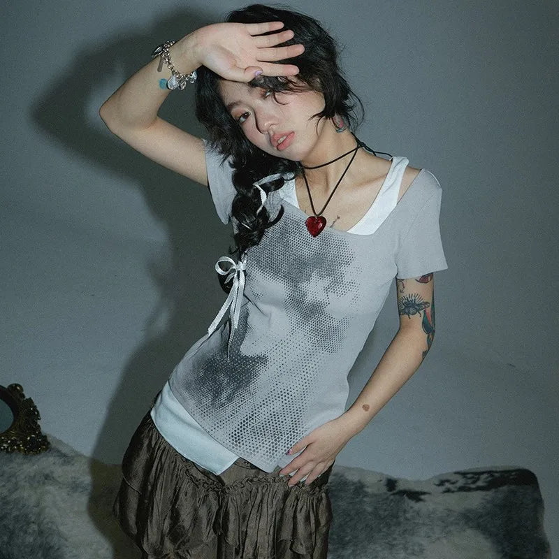 Time-Worn Torn-Vibe Fragment Short Sleeve T-Shirt