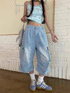 Sleek Striped Heart Stitchwork Utility Denim Shorts