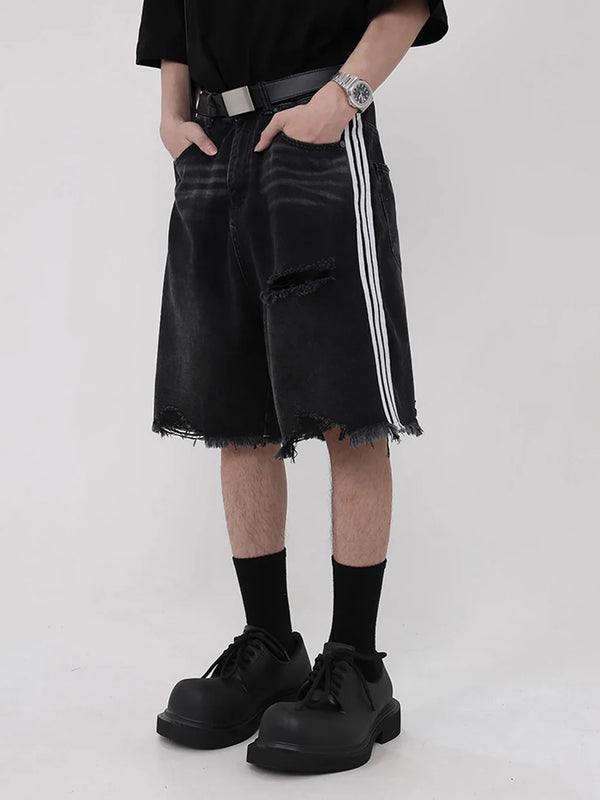 Race Stripe Torn Denim Shorts alternatif görünüm
