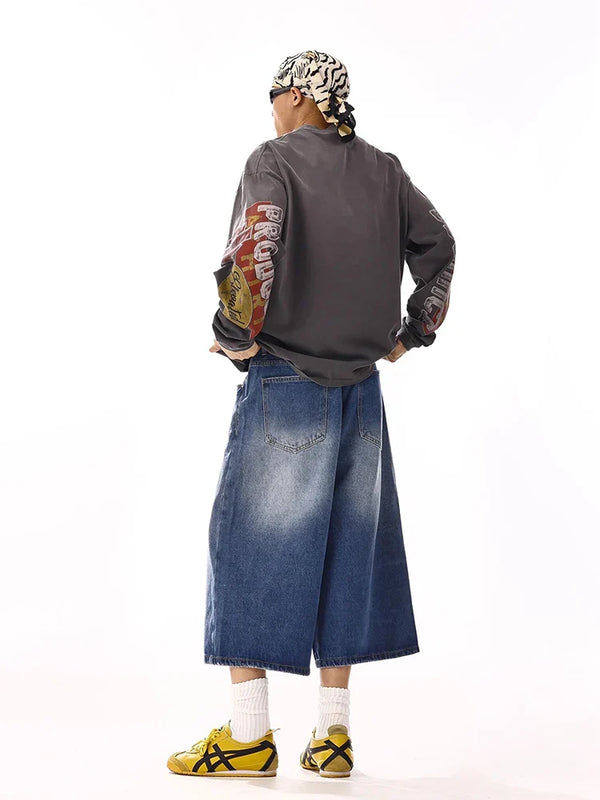 Heritage Blue Brushed Wide Leg Denim Shorts alternatif görünüm