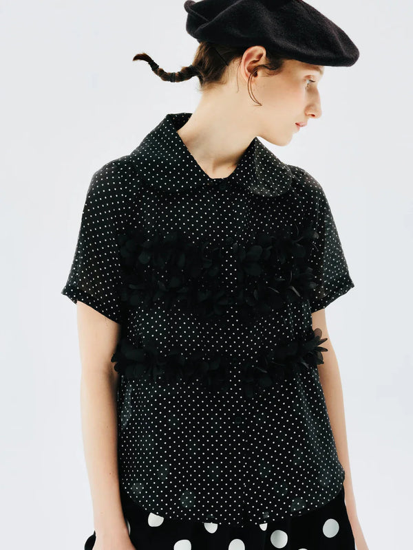 Dot Print Lapel Black Short Blouse alternatif görünüm