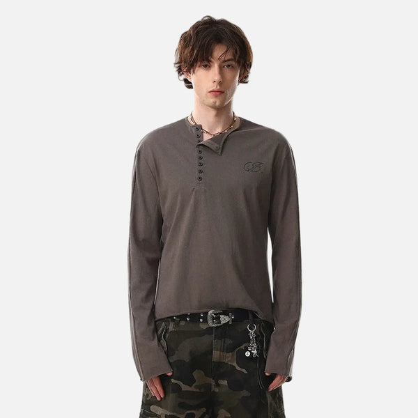 Collar Henley Button Print Chic T-Shirt alternatif görünüm