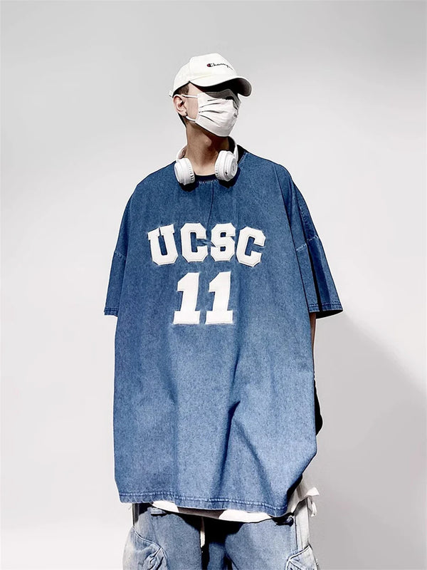Throwback Hand-Stitched Denim Hip Hop T-Shirt alternatif görünüm