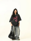 Stone-Rinsed Black Bloom Print Round T-Shirt