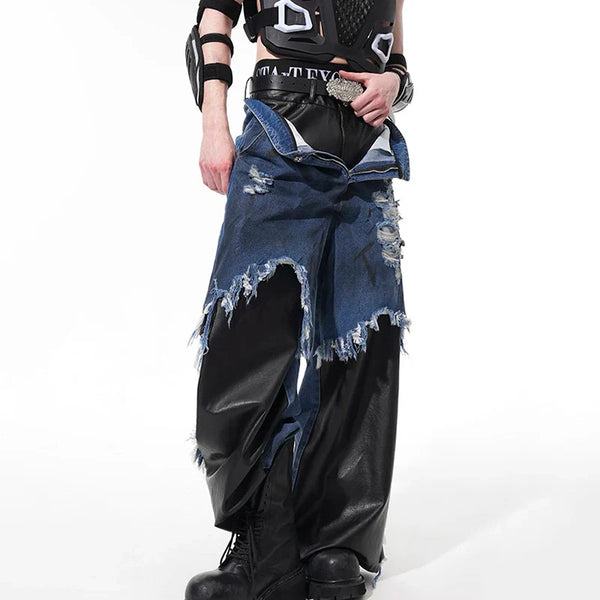 Unique Mosaic Leather Painted Bell Leg Denim