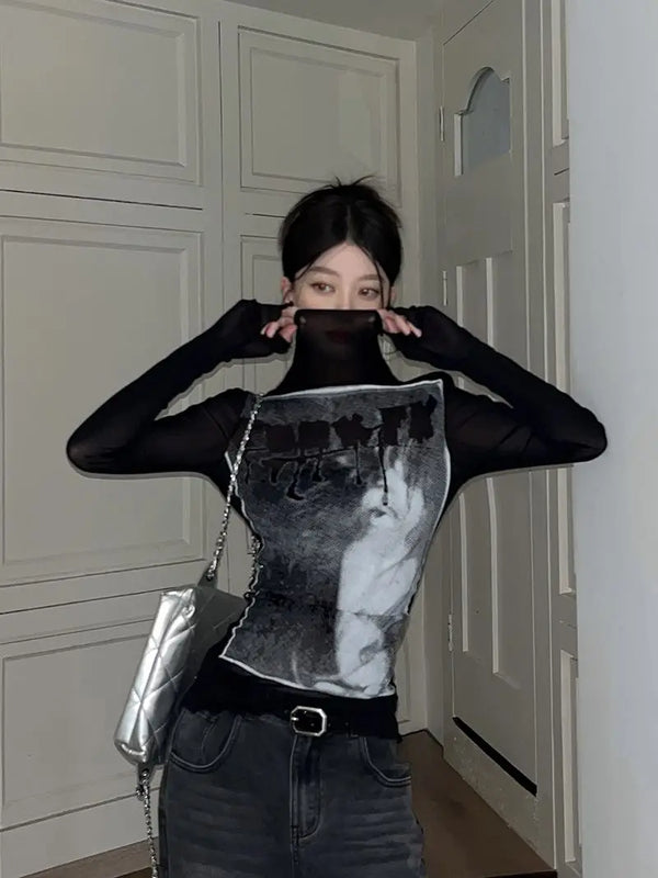 Washed-Out Mesh High Neck Long T-Shirt alternatif görünüm