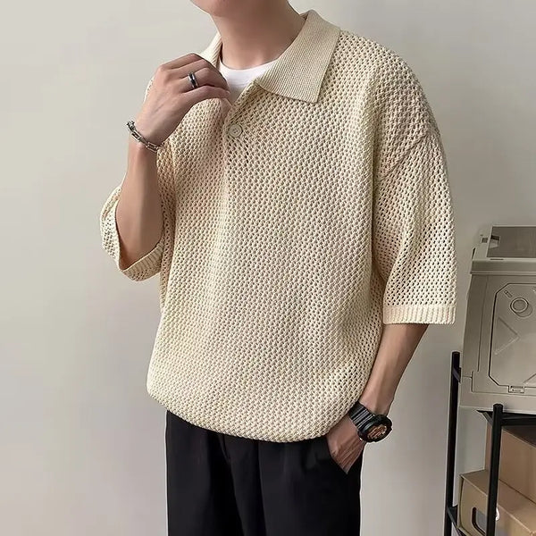 Heritage Mesh-Flow Block-Color Color Knitted Placket-Neck T-Shirt alternatif görünüm