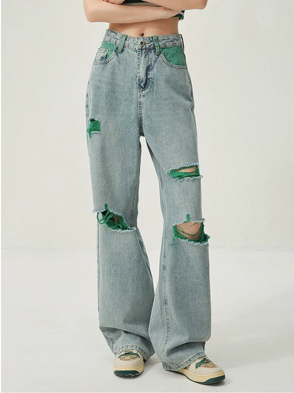 High-Rise Bell Leg Faded Torn Denim