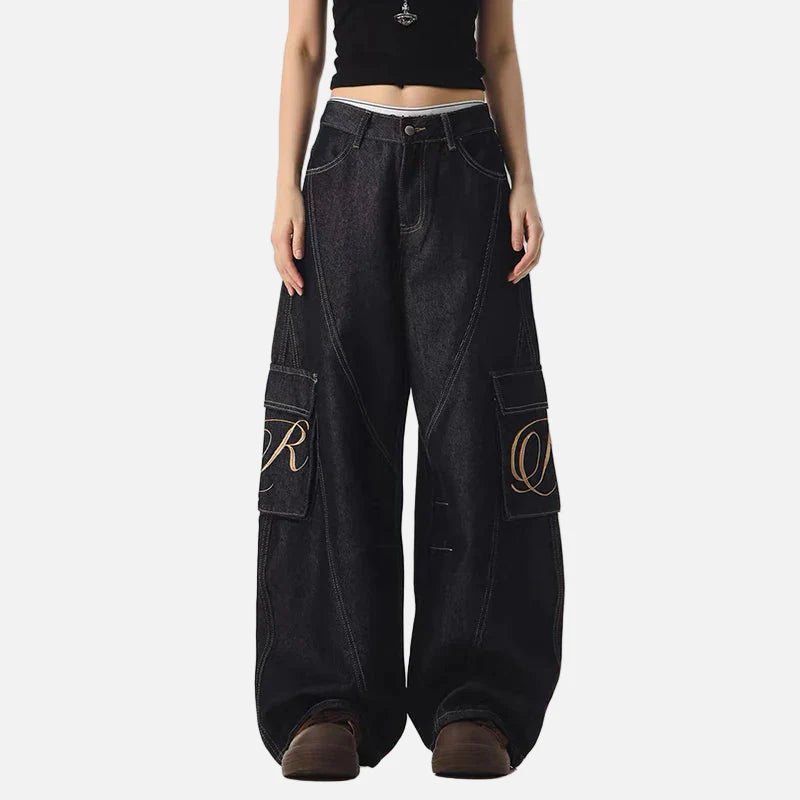 Metro Dark Blue 2000s Wash Bell Leg Utility Denim