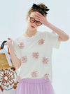 Sleeve Short Applique Floral White Soft T-Shirt