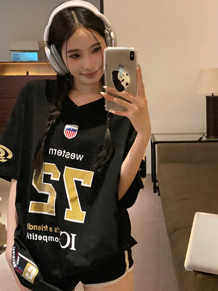 Back-In-Time Polished Letter Print V-Neck T-Shirt