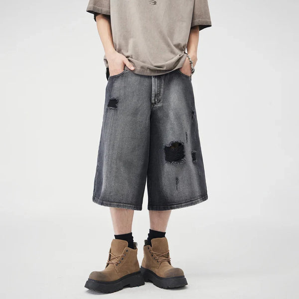 Heavy-Duty Heritage Relaxed Casual Torn Denim Shorts