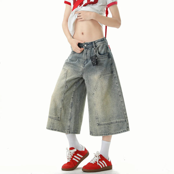 Metro Sleek Mosaic Wide Leg Denim Shorts alternatif görünüm