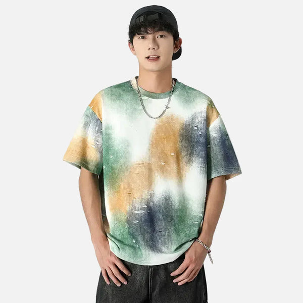 Fresh-Wave Tie Dye Ripped Hole Short Sleeve T-Shirt alternatif görünüm