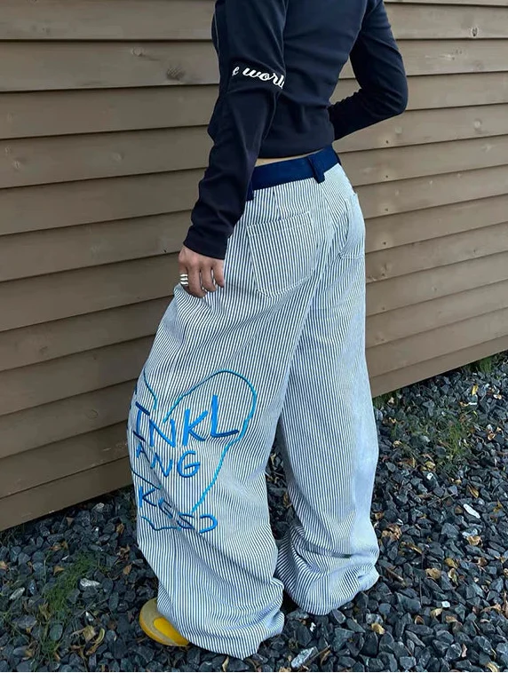 Japanese Style Stripe Stitchwork Boyfriend Denim alternatif görünüm