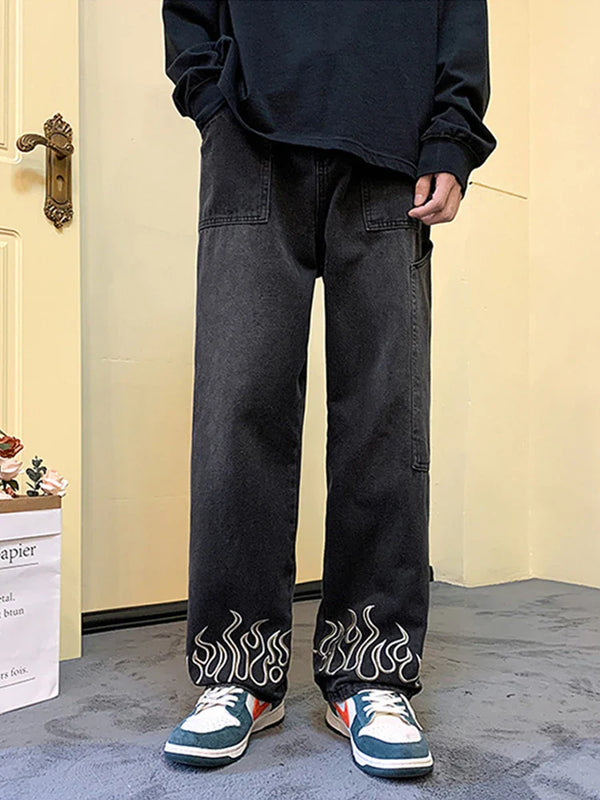 Flame Printed Relaxed Bell Leg Denim alternatif görünüm