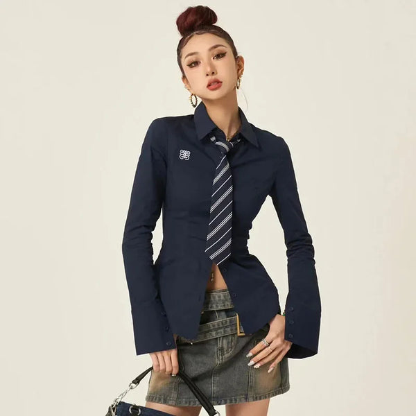 White Tie-Neck Slim Trendy Womens Top alternatif görünüm