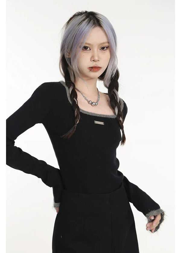 Long Knit Sheath Black Sexy T-Shirt alternatif görünüm