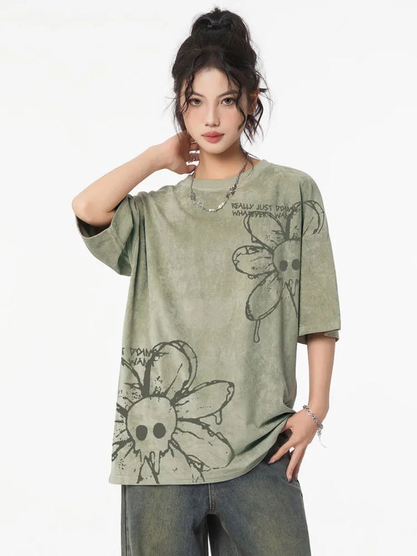 Sun-Bleached Blossom Floral Bone-Face Illustrated T-Shirt