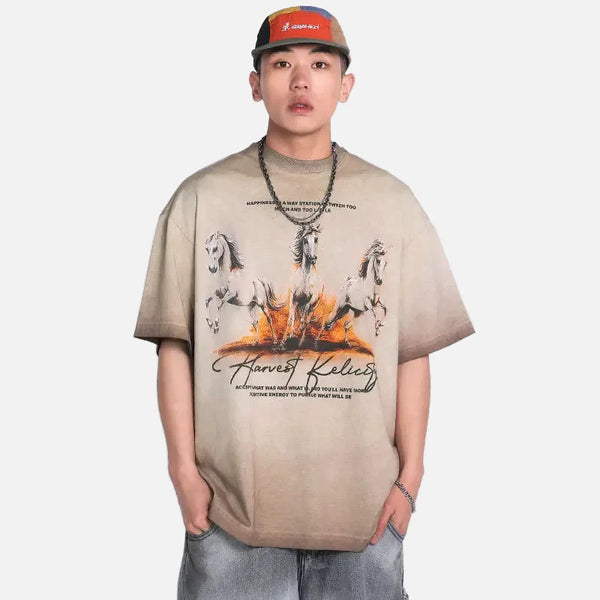 City-Block Horse Visual Tie Dye T-Shirt alternatif görünüm