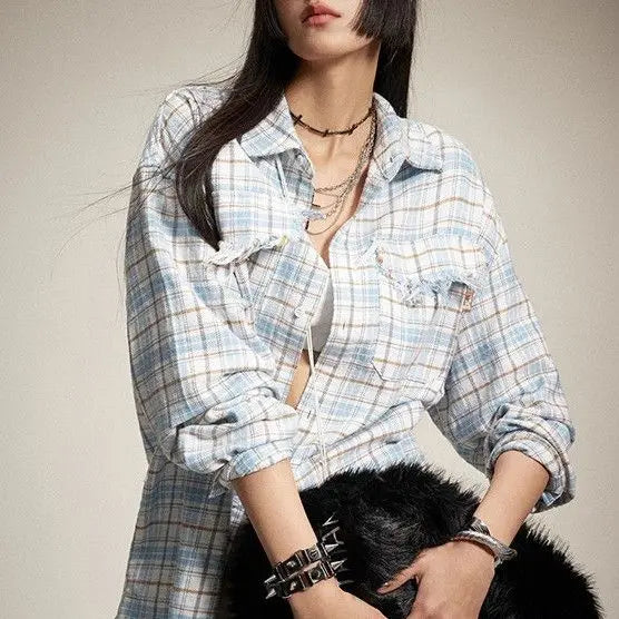 Cobalt Check Fringe Long Sleeve Shirt