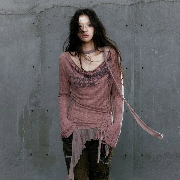 Aged Grit-Style Aesthetic Knitted Spliced T-Shirt alternatif görünüm