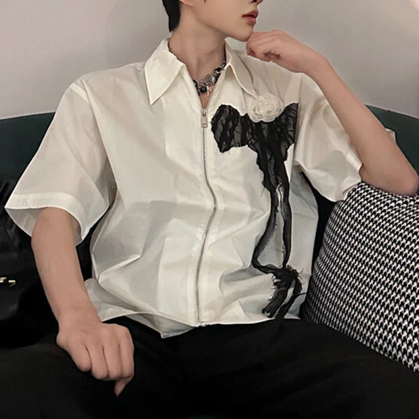 Floral Mesh Zip Short Sleeve Blouse alternatif görünüm
