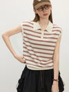 Women Everyday Line-Pattern Knit Sleeveless Button Collar T-Shirt