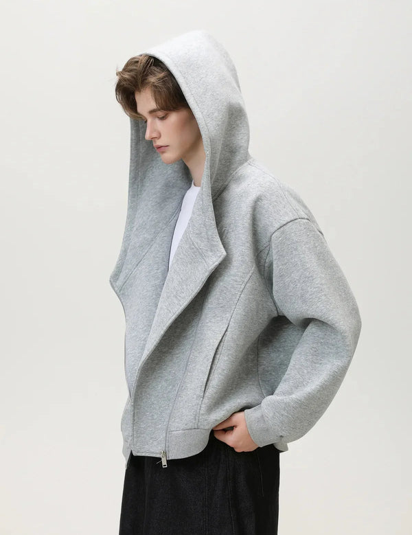 Diagonal Zip Textured Hoodie alternatif görünüm