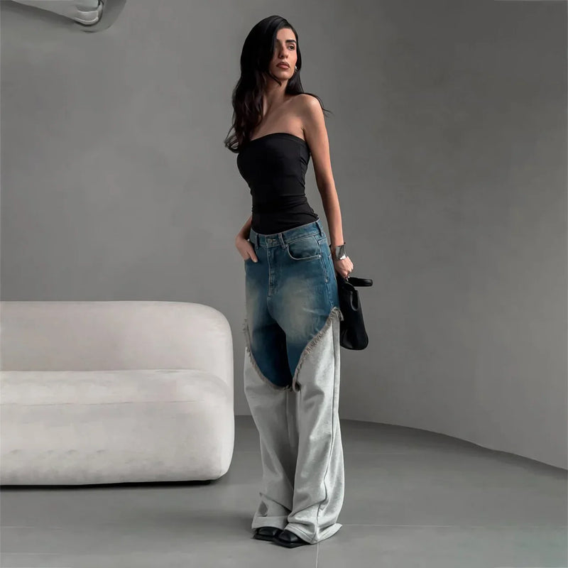Faded Mosaic Bell Leg Denim Trousers