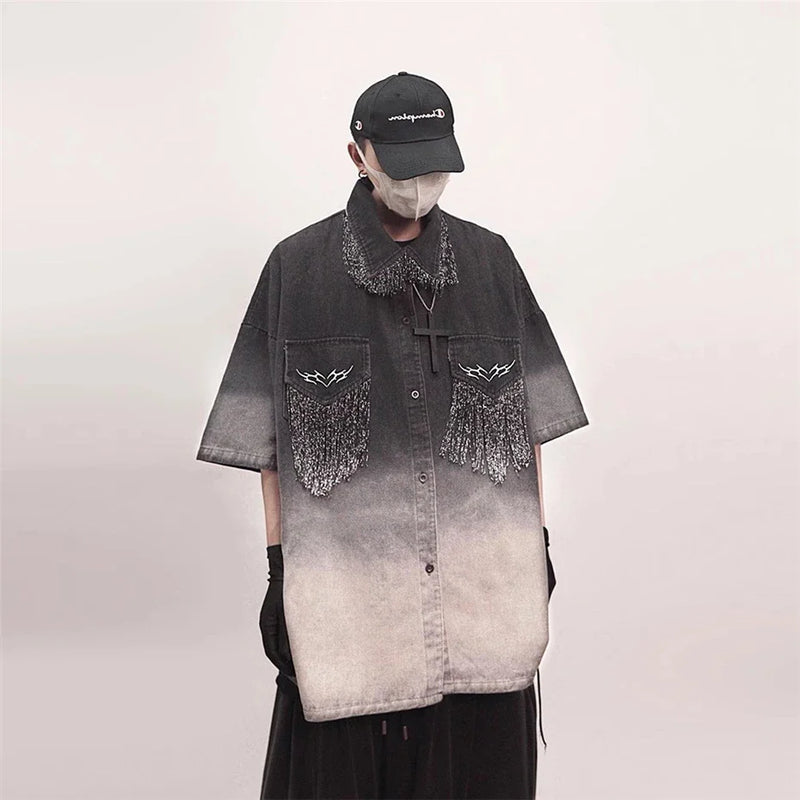 Black Tassel-Hem Oversized Denim Top
