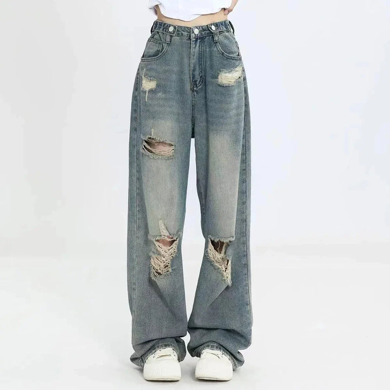 2000s Torn Hole-Knee Relaxed Denim