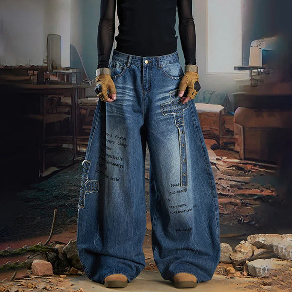Heritage Mosaic Design Torn Bell Leg Denim
