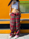 Red Block Plaid Ripped Trousers