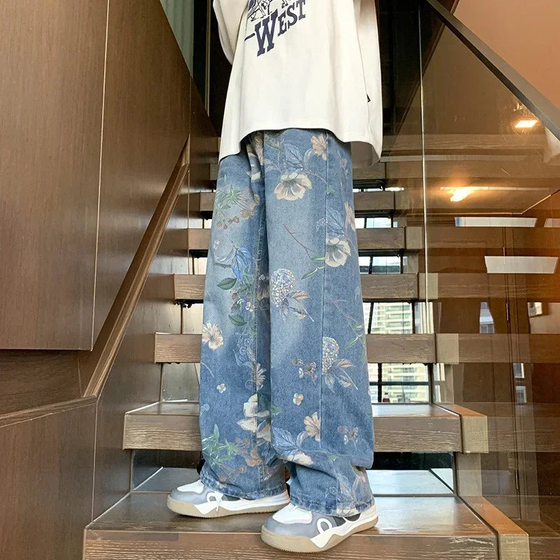 Model wearing the blue Floral Wide-Leg Jeans