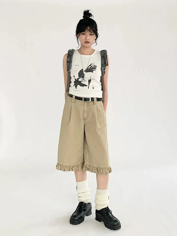 Sleek Khaki Ruffled High-Rise Denim Shorts