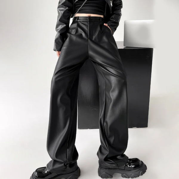 Retro Black Leather Wide-Leg alternatif görünüm