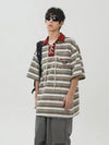 Time-Worn Multi-Stripe Spliced Lace-Up Collar-Knit T-Shirt