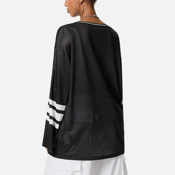 Mesh-Flow Mesh Stamped V-Neck Long Sleeve T-Shirt alternatif görünüm