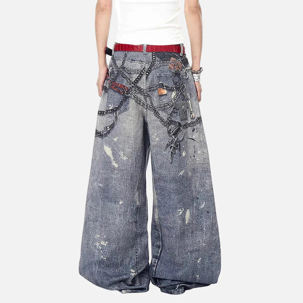 Seoul Style Modern 3D Printed Bell Leg Denim alternatif görünüm