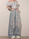 Women High-Rise Torn Tie Mosaic Denim