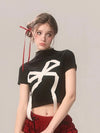 Women Nostalgia Heritage Obsidian Bow Print Midriff T-Shirt