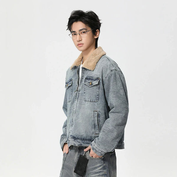 Metro Fold-Down Fur Collar Washed Denim Jacket alternatif görünüm